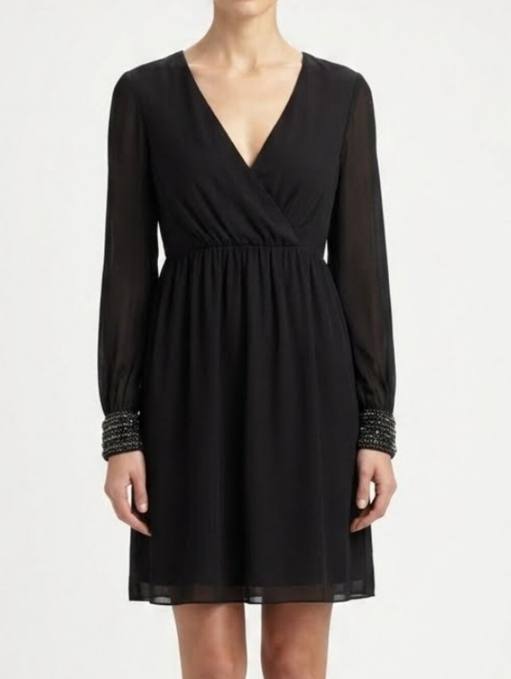Trina Turk Seraphine Black Silk Cocktail Dress 8 Beaded Cuffs Split Sleeves